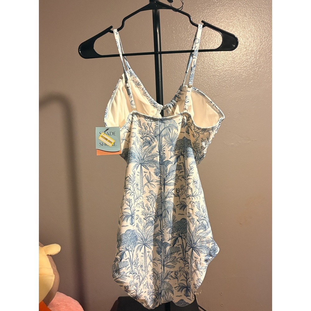 Shade & Shore Blue and White Palm Trees One Piece Swimsuit Adj Straps Sz L - Picture 5 of 6